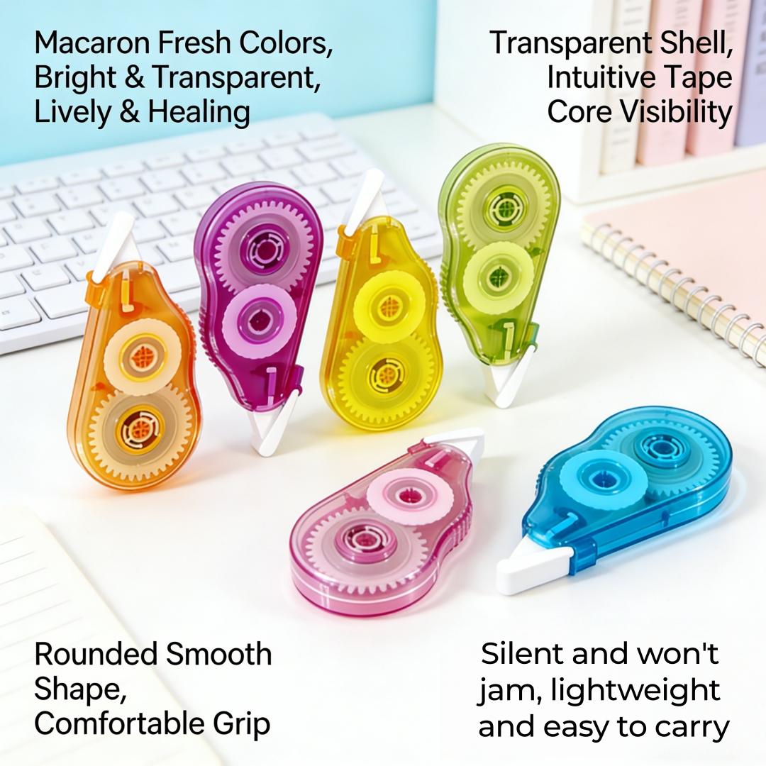 6-Pack Lightweight Transparent Correction Tape, Flip-Top Portable Design, Multiple Color Options, Ideal for School Notes, Exams, Office Supplies