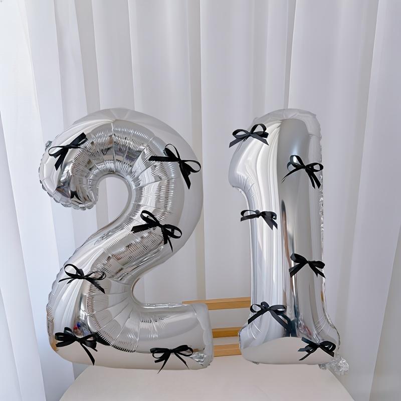 15pcs black bow style silver aluminum foil balloon set, including 2 balloons, 12 black bows and glue, suitable for birthday parties, Birthday decorations, graduation ceremony decoration and photo props