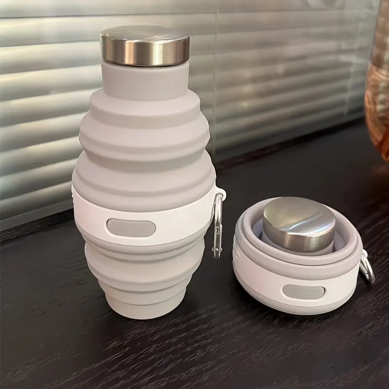 1pc Silicone Folding Cup - Portable Sealed - Double Head Folding - Stainless Steel Hook Ring Telescopic Cup - Suitable for Outdoor Play Sports Fitness Travel 16.06oz