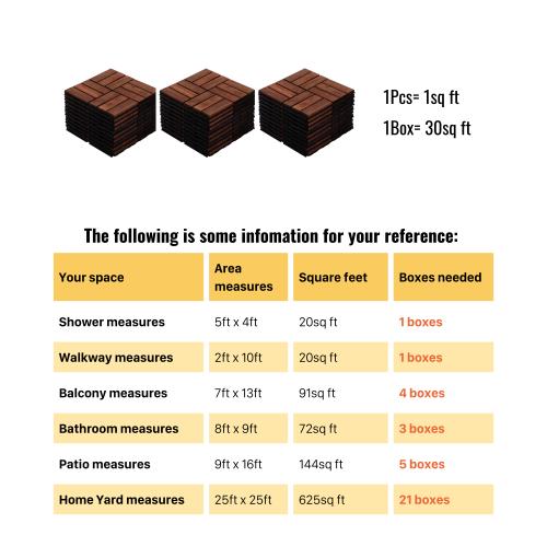 Acacia Wood Interlocking Deck Tiles Checker Pattern, 30 PCS 12" x 12" Square Acacia Hardwood Outdoor Flooring for Patio, Bancony, Pool Side