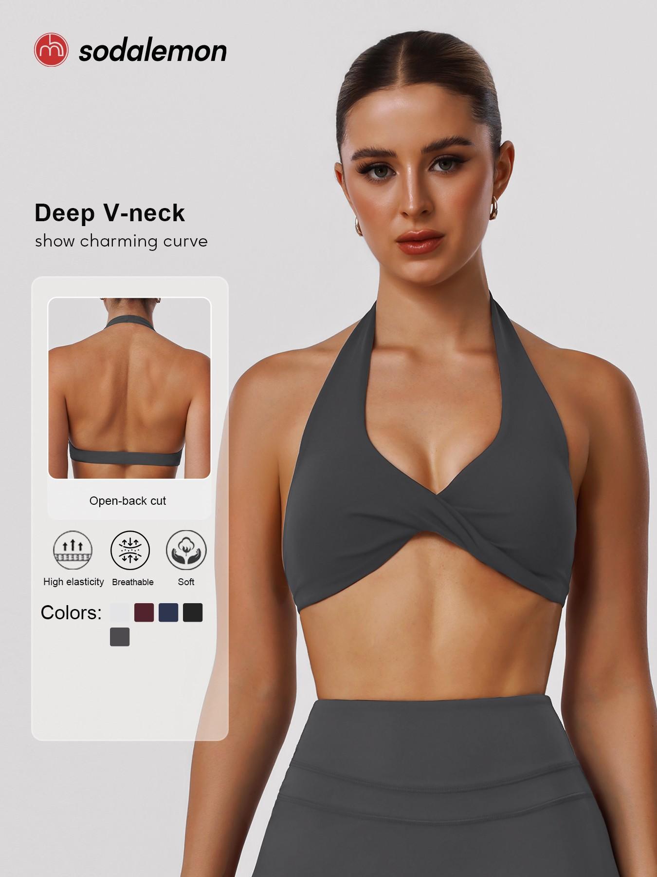 Sodalemon Women's Backless Sports Bra Tank Top, Elastic Strap Design, Wireless Comfortable Yoga Short Sleeve Shirt, All Season Casual Wear, Yoga Workout Activewear, Yoga Gym Activewear