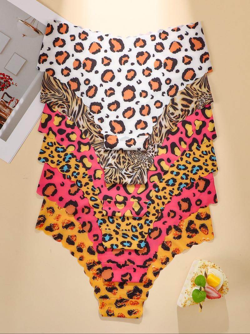 Women's Solid / Leopard Print Scallop Trim Brief, Soft Comfy Breathable Seamless Panty for Daily Wear, Women's Underwear for All Seasons, Solid Print Knicker