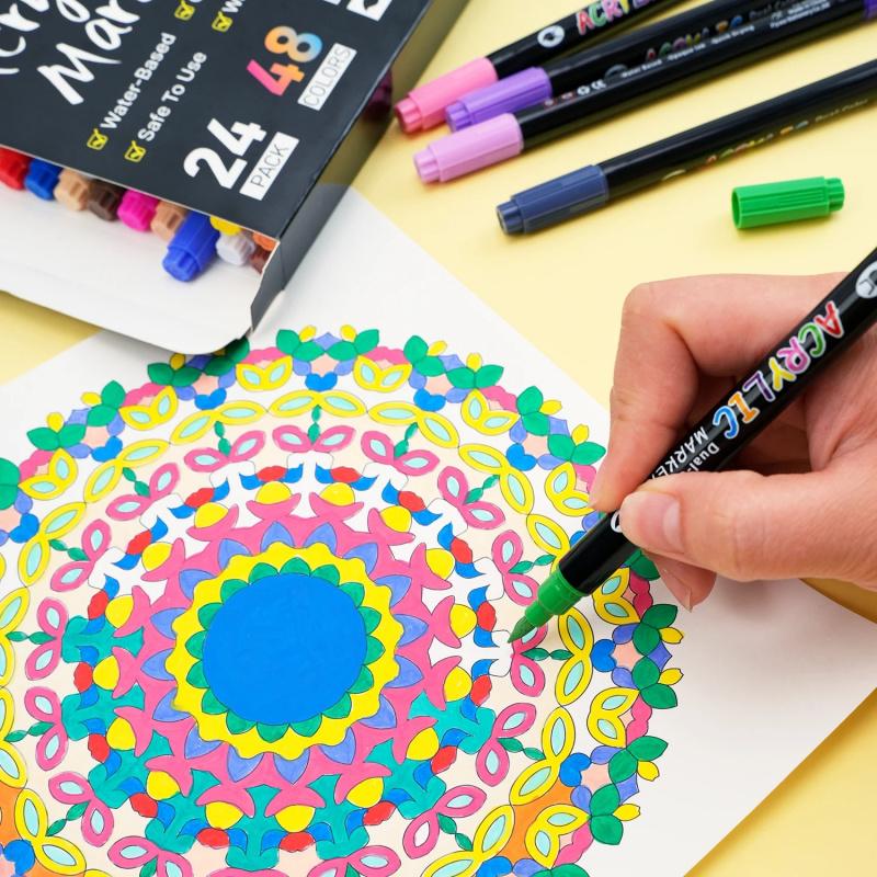 24/48/72/120 Colors Acrylic Paint Markers, Dual Tip Paint Pens for Rock Painting, Canvas, Wood, Glass, Ceramic, Fabric, Plastic, Egg & Scrapbook, Artist Bundle
