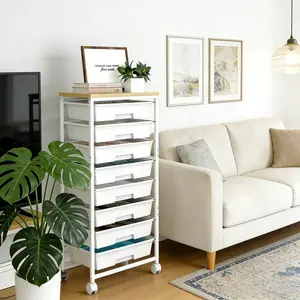Rolling Storage Utility Cart Organizers with 8 Drawers Wooden Tabletop,Storage Drawer Cart for Living Room,Bathroom,Tool Room,Garage,Office,Classroom,Craft Room,Bedroom,Dorm(White)