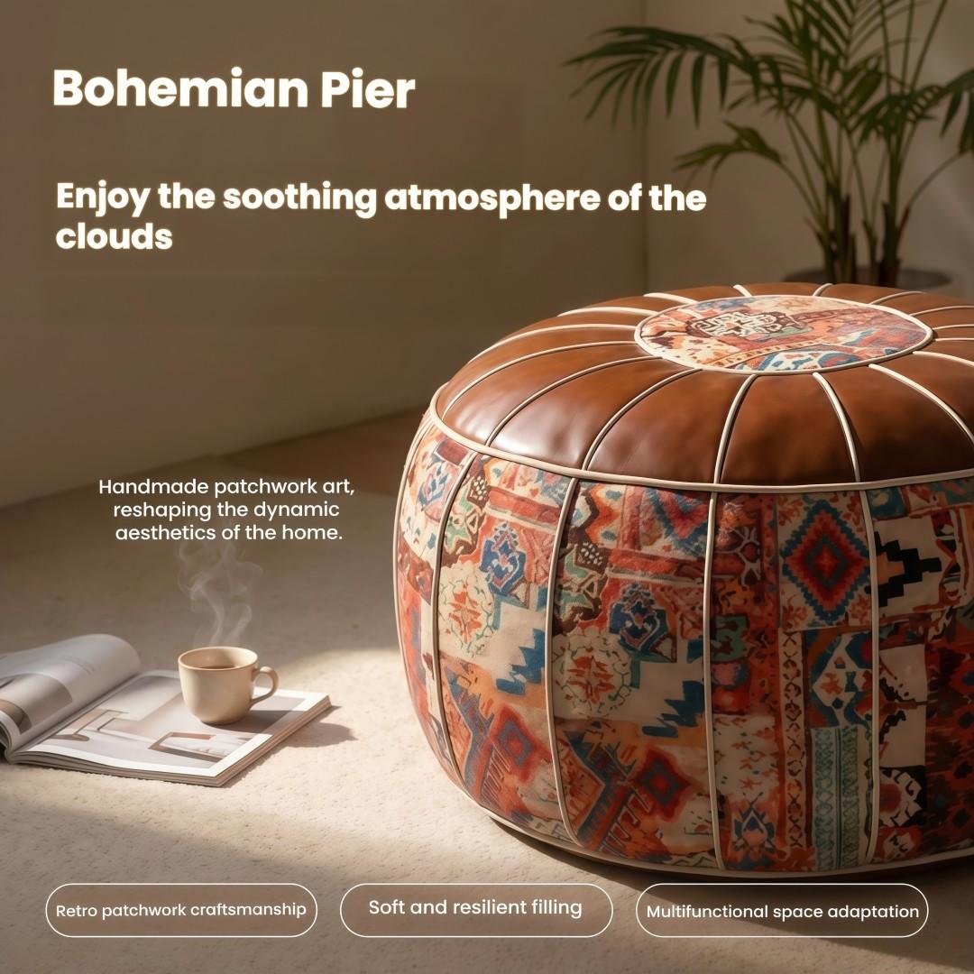 Multifunctional Storage Ottoman Pouf Cover, Faux Leather Ottoman Foot Rest with Hidden Storage, Boho Round Footstool Poufs, Fillable Pouf Ottoman for Blankets Clothes Pillows, Bohemian Pouf Ottoman