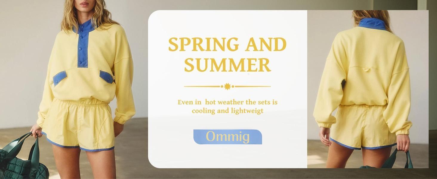 Ommig Women's Two Piece Short Sets Summer Lounge Sweatsuits Long Sleeve Outfits Travel Tracksuit with Pocke