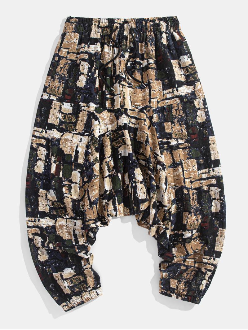 Men's Random Print Drawstring Waist Harem Pants, Casual Beach Pants, Boho Casual Comfy Elastic Waist Trousers for Spring & Fall, Men's Bottoms for Daily Wear