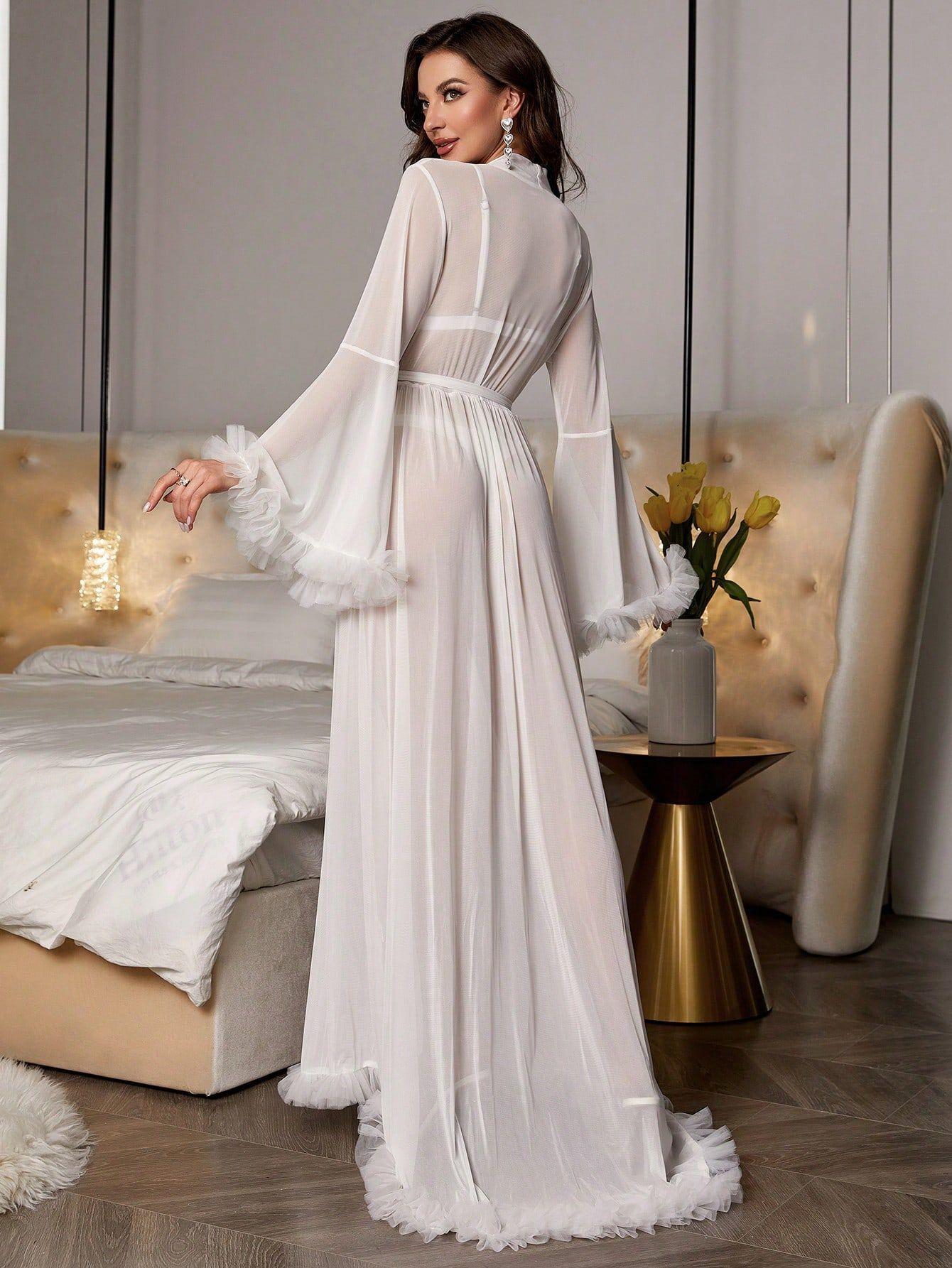 Women's Sheer Mesh Robe, Free panties with purchase.Long Sleeve V Neck Bridal Nightgown with Ruffle Trim, Belted Trumpet Sleeve Loungewear for Bride, Romantic Sheer Lace Cover-Up for Honeymoon