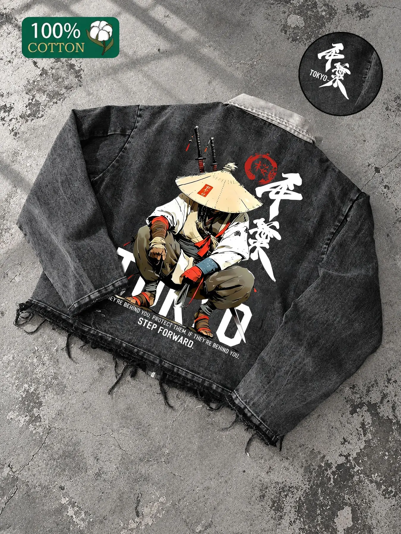 100% Cotton Japanese Letter Hat Pattern Denim Jacket, Distressed Frayed Edge Gothic Street Style Men's Coat, Loose-Fit Top, Casual
