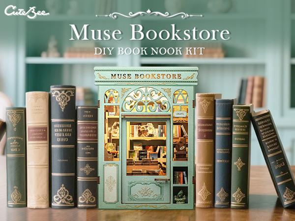 CUTEBEE DIY 3D Book Nook Kit Muse Bookstore – Miniature Wooden House Dollhouse, Handmade Creative Bookshelf Decor | Holiday, Christmas and Black Friday Gift for Adults