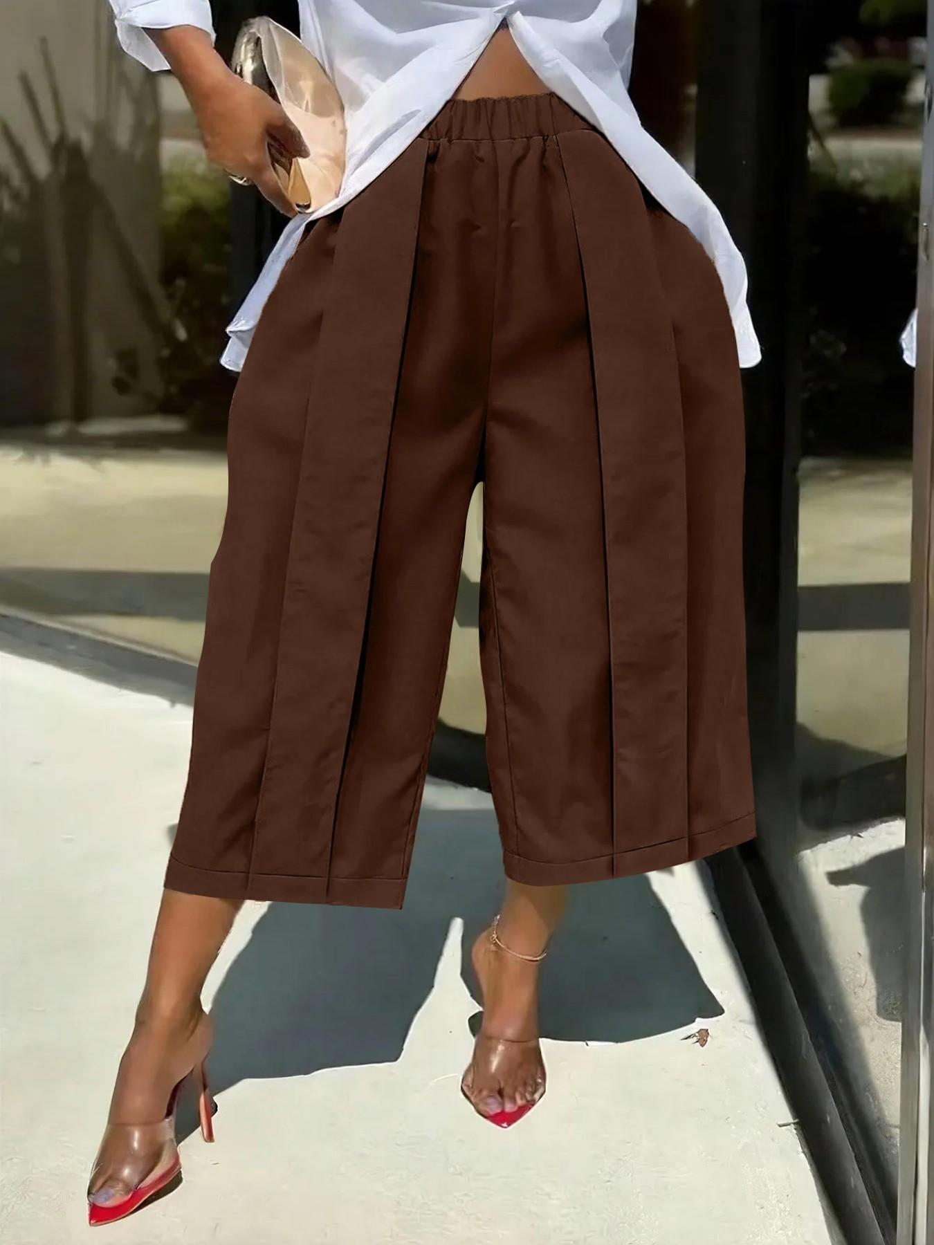 Women's Wide Leg Seven-Quarter Pants Bottom, Summer New Arrival, Elastic Waist, Pleated Slim Fit, Casual Camouflage Workwear