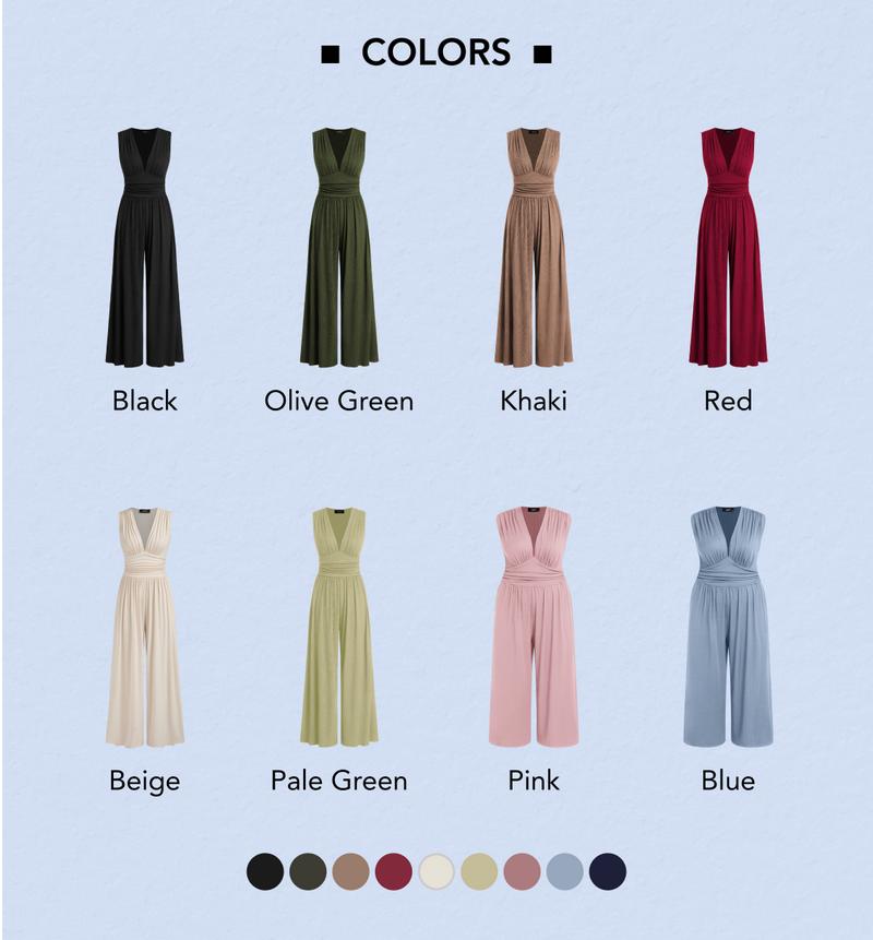 Cider [10 colors, size 0-26] V-neck Ruched Solid Wide Leg Jumpsuit