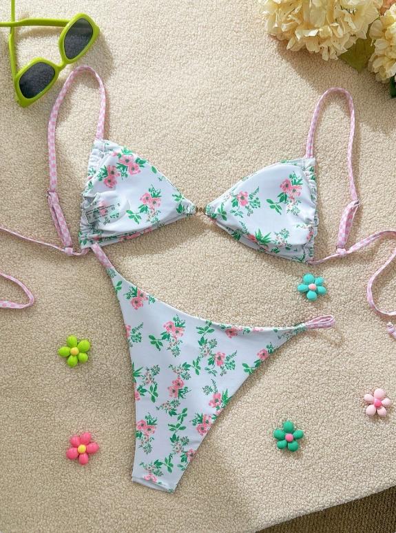 2026 Spring Summer Women's Floral Print Bikini Set, Adjustable Straps, Triangle Cups, Low Waist Bottoms, Lightweight Stretch Fabric for Beach and Pool