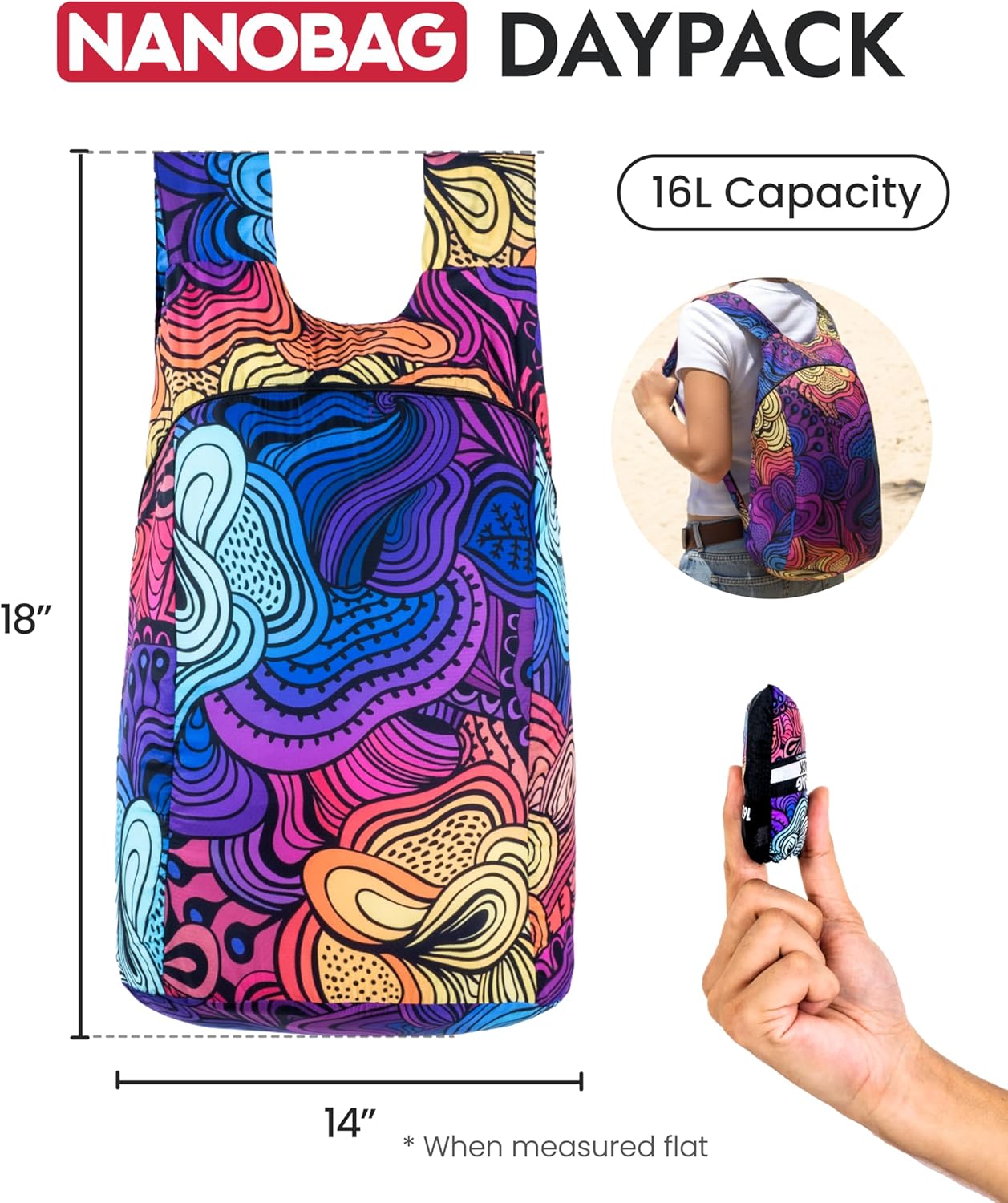 Nanobag Daypack - Ultralight Foldable Backpack for Traveling and Compact Mini Hiking Pack for Men & Women, Reusable Collapsible