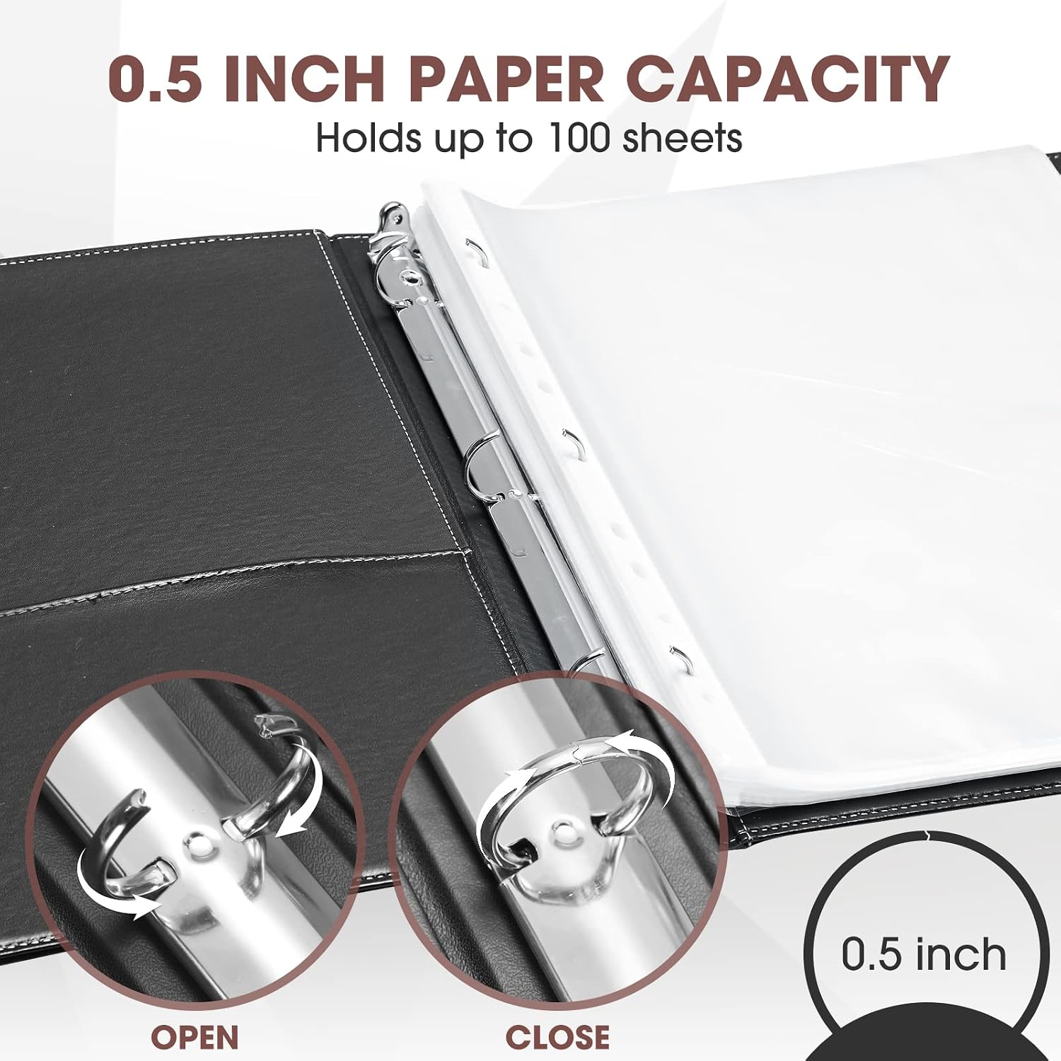 2 count 3 Ring Leather Binder Notebook  Professional Binder Hardback Letter Size 8.5 x 11 Documents Round Rings Holds 200 Sheets with 2 Inner Pockets(0.5 Inch,Black)