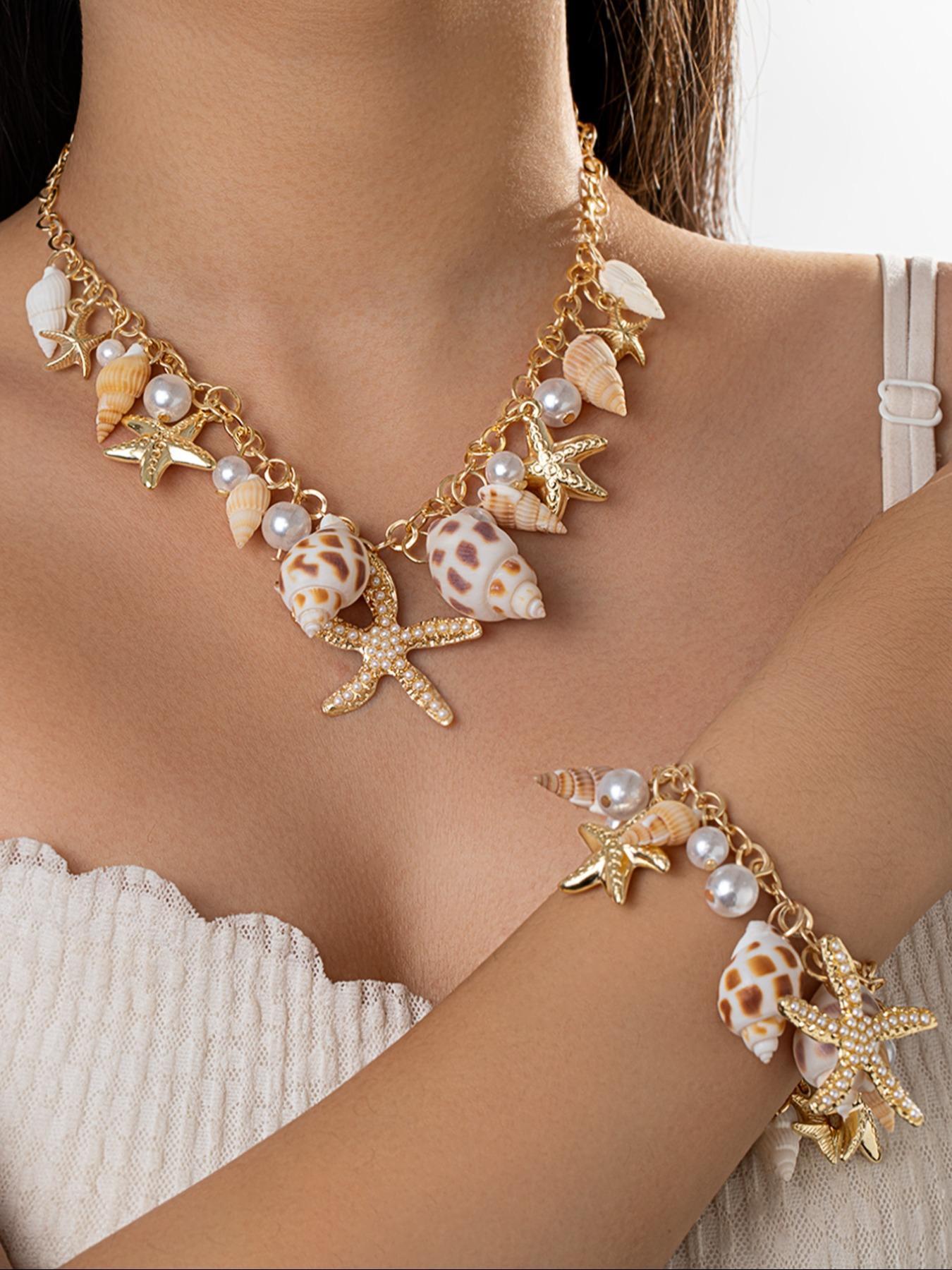 Unisex 2-Piece Ocean Theme Alloy Costume Jewelry Set - Imitation Pearl, Starfish, Shell, Geometric Pattern Necklace & Bracelet for Daily Wear, Gifting
