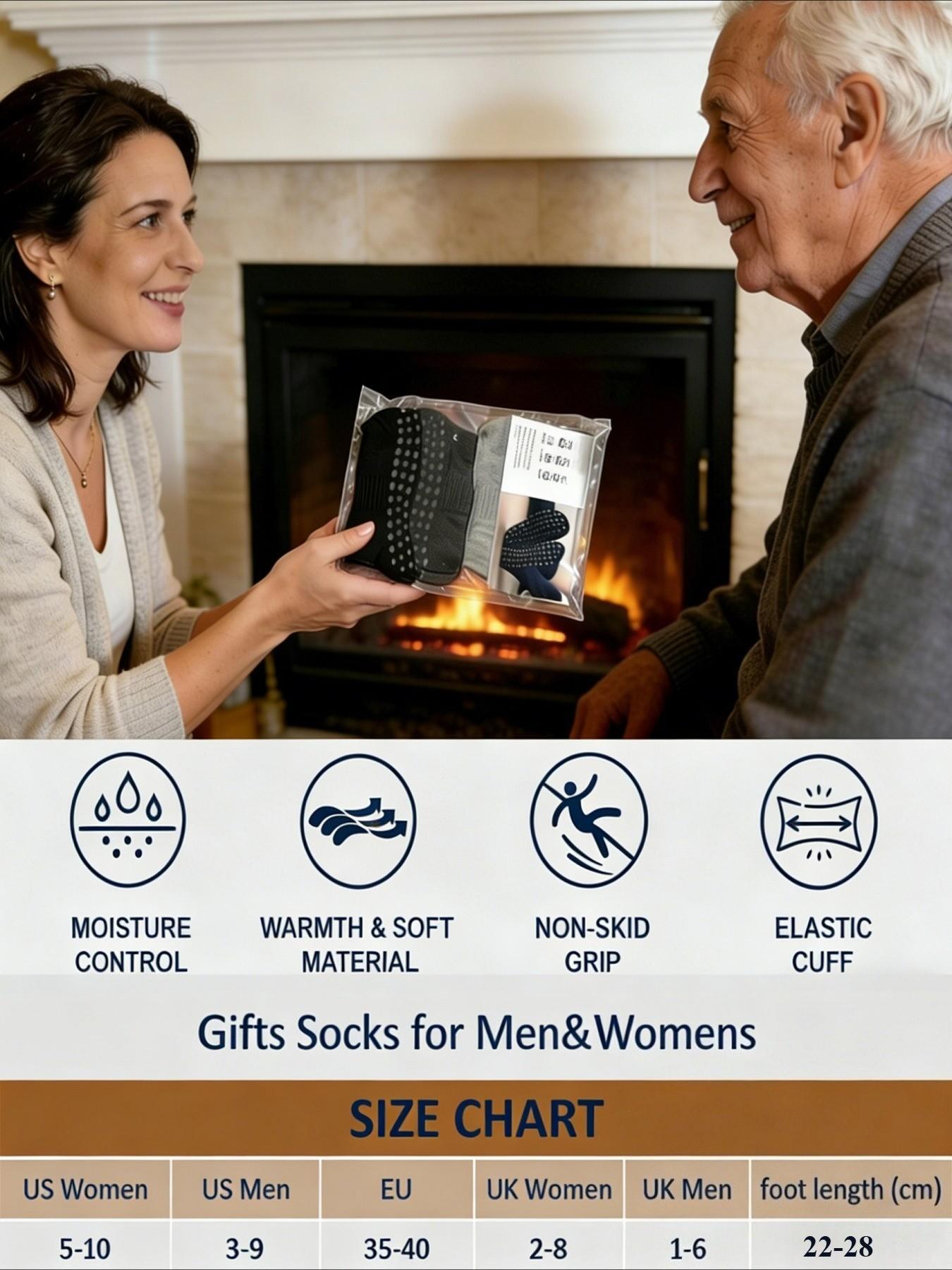 4 Pairs Non Slip Grip Socks for Men Women, Crew Grippy Socks for Hospital Pilates Yoga, Gifts for Seniors Elderly, All Seasons Casual Style