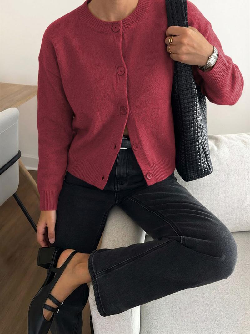 Autumn Winter Women's Casual Knit Cardigan, Elegant Vintage Round Neck Sweater, Simple Lazy Style, Long Sleeve Pullover