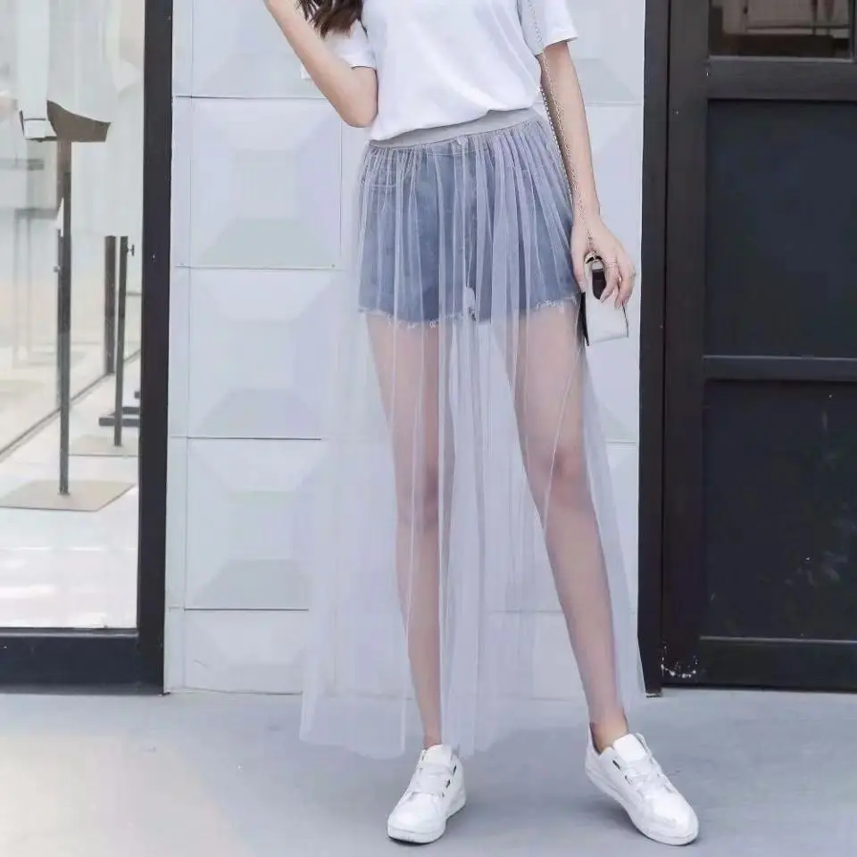 Women Perspective See-through Mesh Skirt Sexy Solid High Waist Skirts Fashion Black Female Skirts Single Layer Long Skirt Basics