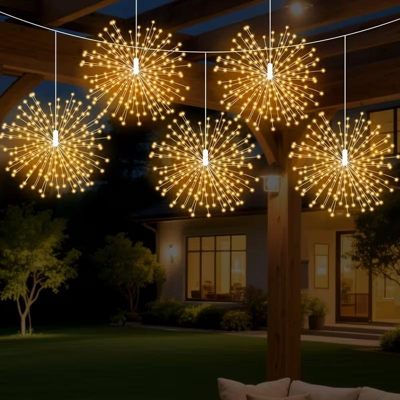 Smart Solar Hanging Firework Lights, 5-Piece Set, 8 Modes with Remote Control, Copper Wire Lanterns, Garden Decor, Celebrations, Weddings