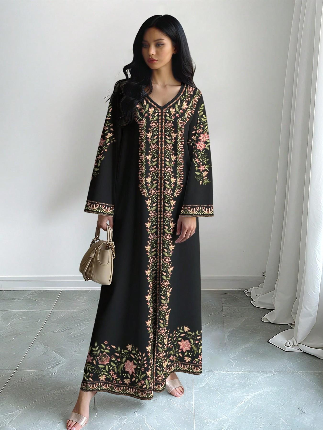 Elegant Muslim Long Dress for Women, Printed Abaya Robe, Floral Abaya, Formal Long Sleeve A-Line Dress, Stylish and Comfortable Islamic Fashion