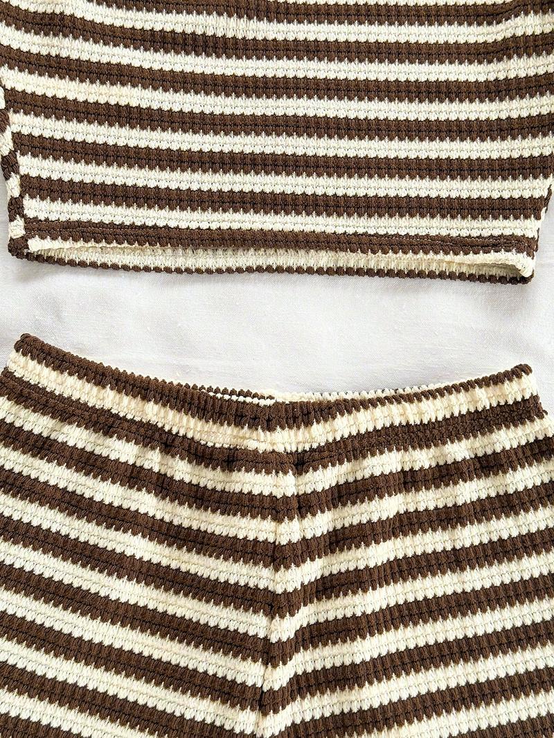 Women's Casual Knitted Striped Backless Short Sleeve Top with Elastic Waist Shorts, Perfect for Vacation Wear, 2 Piece Set