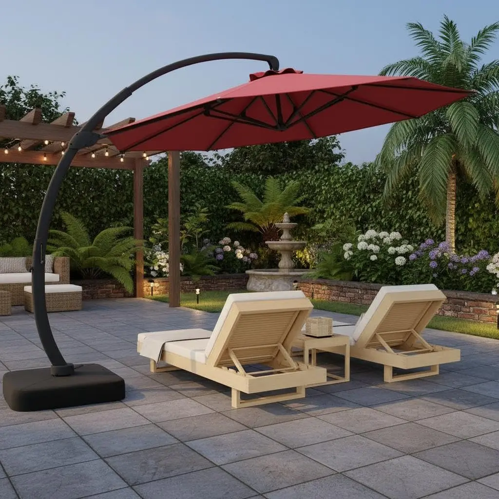 GARVEE 11FT Cantilever Patio Umbrella With Base Included, Cantilevers Outdoor Umbrella Heavy Duty Offset, Aluminium Curved Cantilever Umbrella