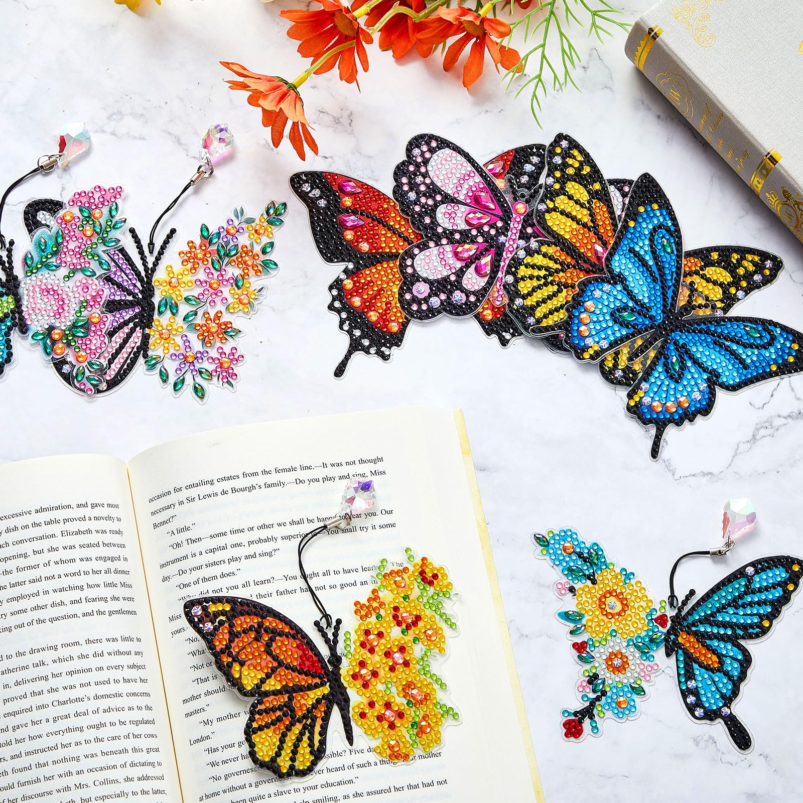 8-piece 5D diamond art bookmark kit, Sparkling Finish, DIY butterfly pattern diamond painting bookmarks, includes tool kit and free pendant, handmade bookmark making kit, suitable for reading enthusiasts