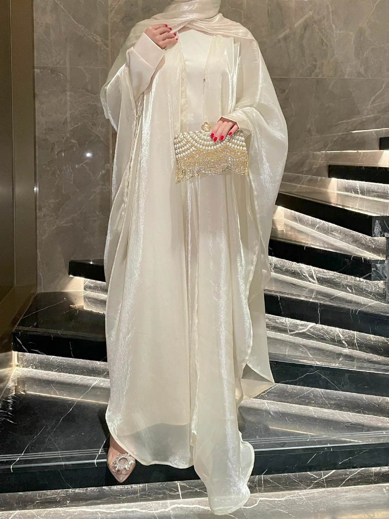 Elegant Two-Piece Modest Abaya Set, Soft Light-Reflective Fashion Long Dress, Perfect for Parties, Holidays, and Events