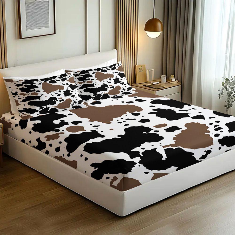 3Pcs Cowhide Pattern Fitted Sheet Set, Irregular Black, Brown & White Patches on Soft Fabric, Stylish & Unique Bedding for Rustic Decor, for Animal Lovers, Transform Your Bedroom into a Cozy Retreat Includes 2 Pillowcases, No Pillow Core