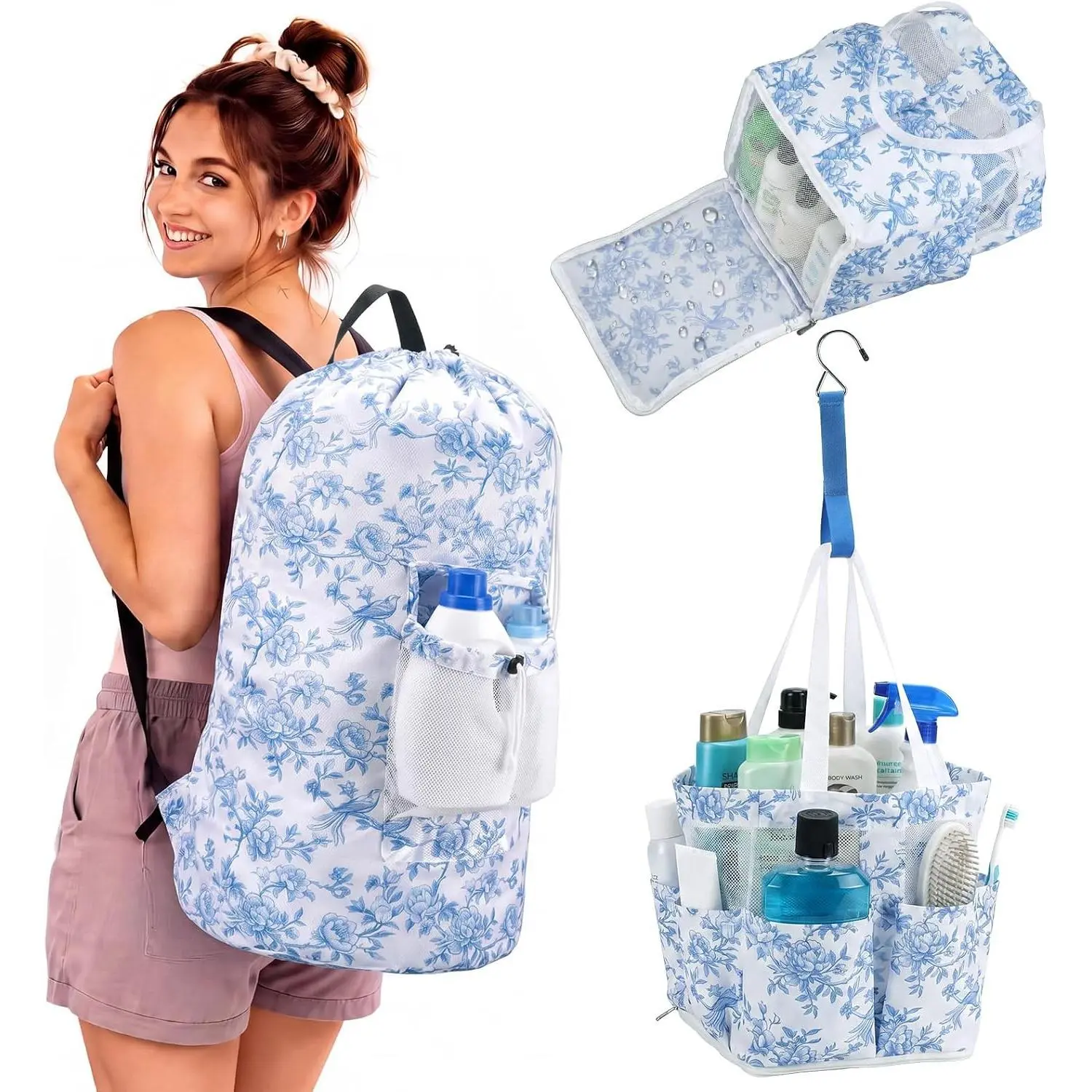 2 Pcs Backpack Laundry Bag and Caddy Set for Dorm and Travel, Floral, Blue