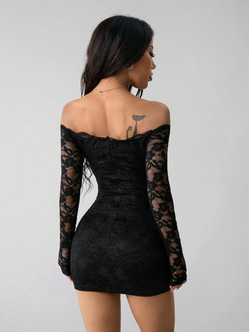 Women's Lace One Shoulder Long Sleeve Slim Fit Dress, Fall New Style, Perfect for Outdoor Wear, Stylish and Comfortable