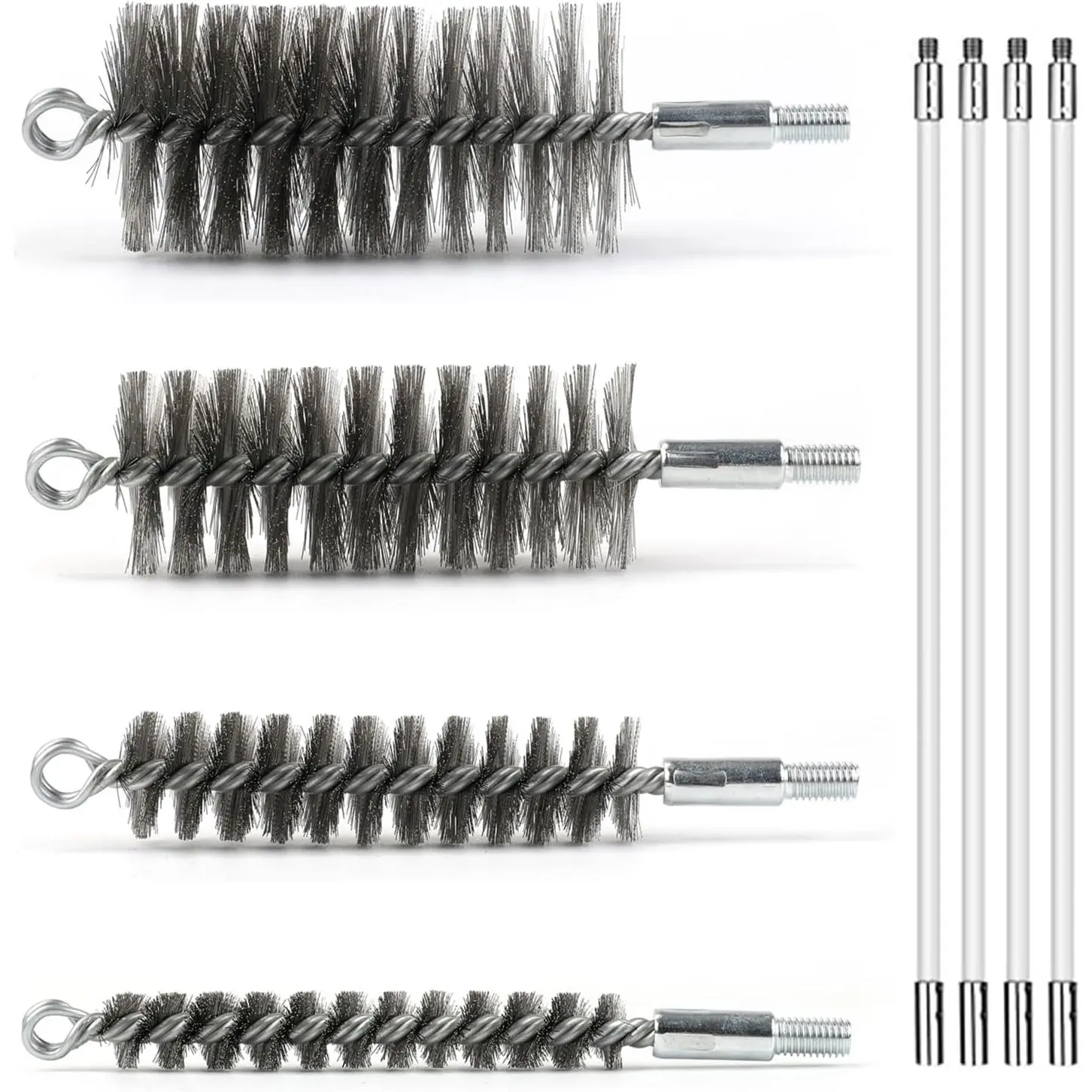 50 Inch Pipe Cleaning Brush Set with Stainless Steel Bristles | Wire Brush With 4 Flexible Rods, Stainless Steel Pipe Brush 4pcs For Auto Parts, Bottles, Tubes. (3/5, 1, 1 3/5, 2 Inch )