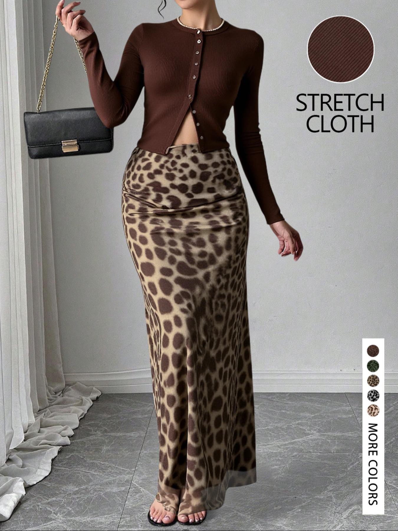 LovelyWholesale，Women's Spring Fashion Solid Color Knit Cardigan Top Leopard Print Half Skirt Two-Piece Set, Casual Slim-Fitting