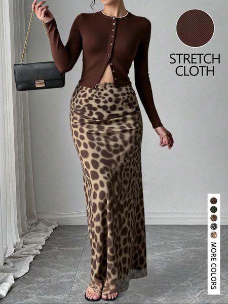 Women's Stylish Solid Color Knitted Cardigan and Leopard Print Skirt Set, Trendy Outfit for Fashionable Ladies, Perfect for Casual Wear, Chic Clothes