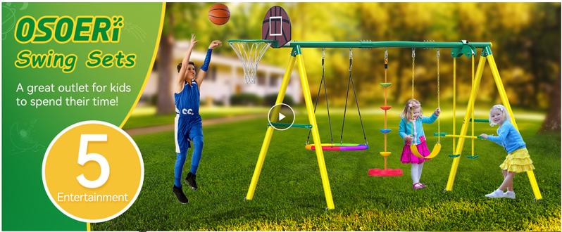 Osoeri Swing Sets for Backyard, 5-in-1 Kids Swing Set, Outdoor Swing Set with Saucer Swing, Glider, Rope Swing, and Basketball Hoop