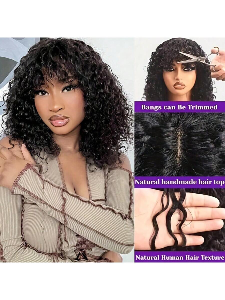 2x1 Transparent Lace Human Hair Bob Wig With Bangs Kinky Curly Glueless Wigs for Women Ready To Wear 180% Density Upgraded Realistic Scalp Short Curly Bob Wigs With Bangs Human Hair Natural Color for Daily Wear ,Parties ,Festival