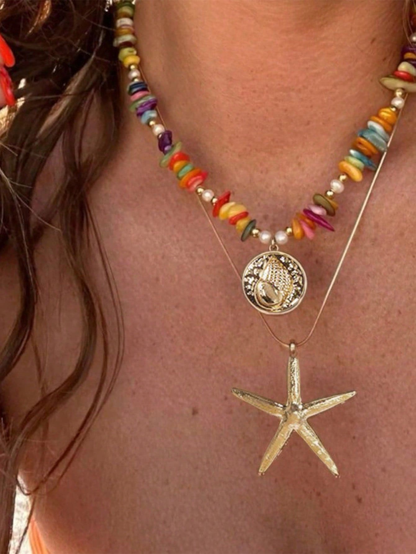 3pcs Summer Bohemian Style Multi-Color Faux Pearl Multi-Layer Necklace Set With Shell Pendant, Suitable For Beach, Travel, Daily Decoration, Outfit Matching, Dating, Party, Holiday Gift For Women