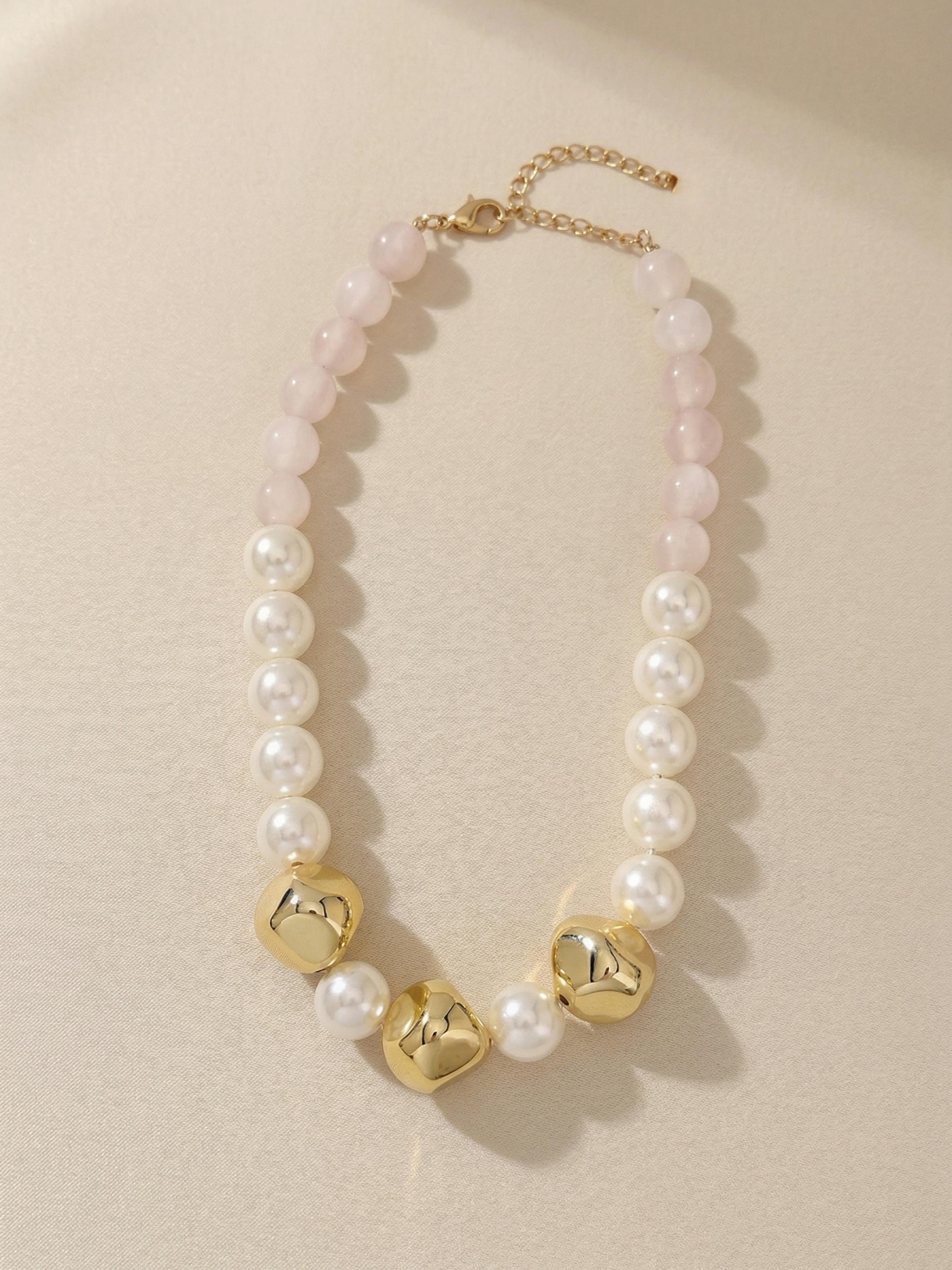 French Vintage Imitation Pearl Necklace, Hammered Gold Bead Accent, Elegant Women's Jewelry, Gift Box Included, All Seasons Wear