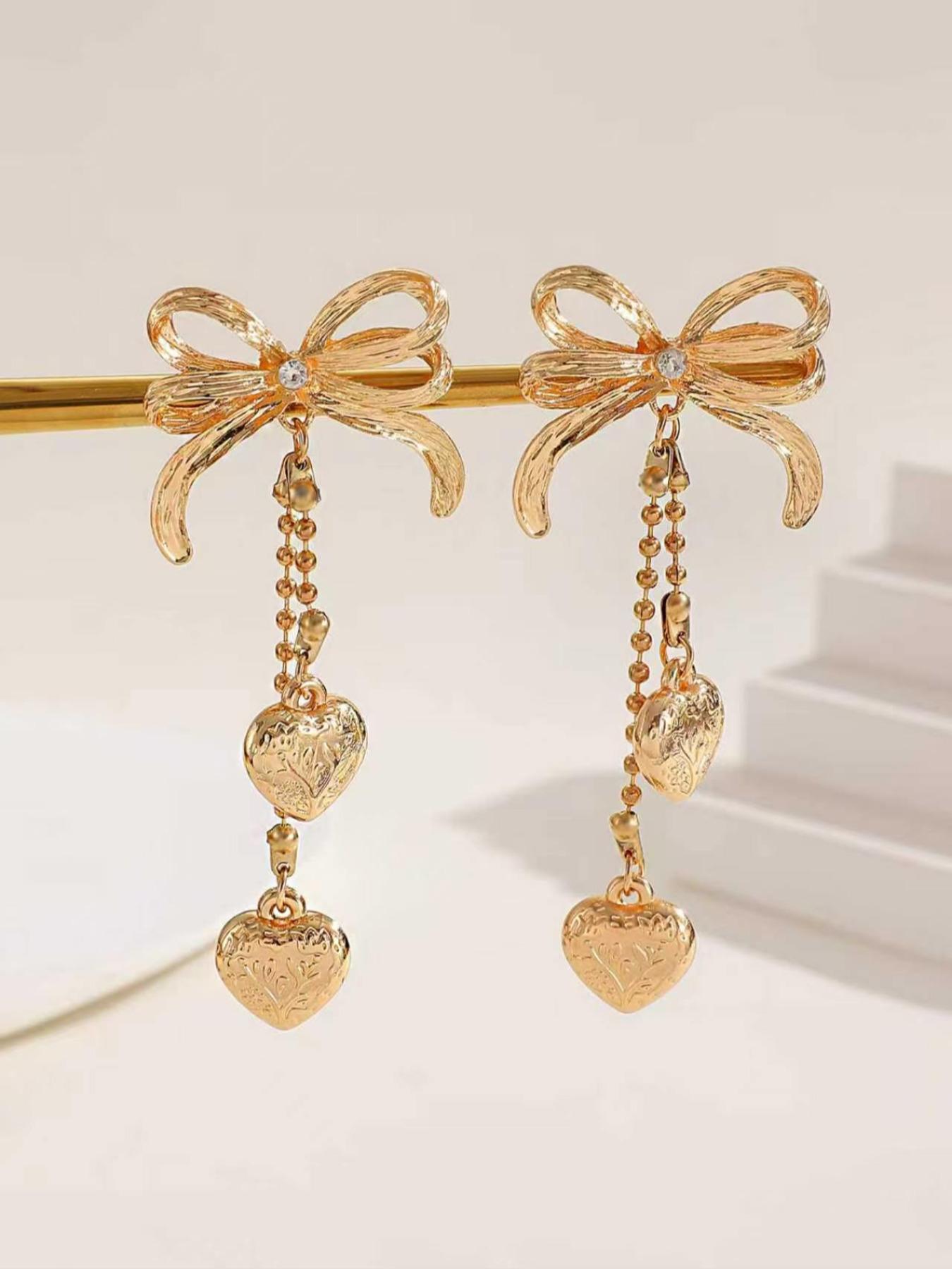 Elegant Butterfly Knot Drop Earrings, Heart Pendant, Star Moon Design, Classic Women's Jewelry, Perfect for All Seasons, Ideal for Holidays