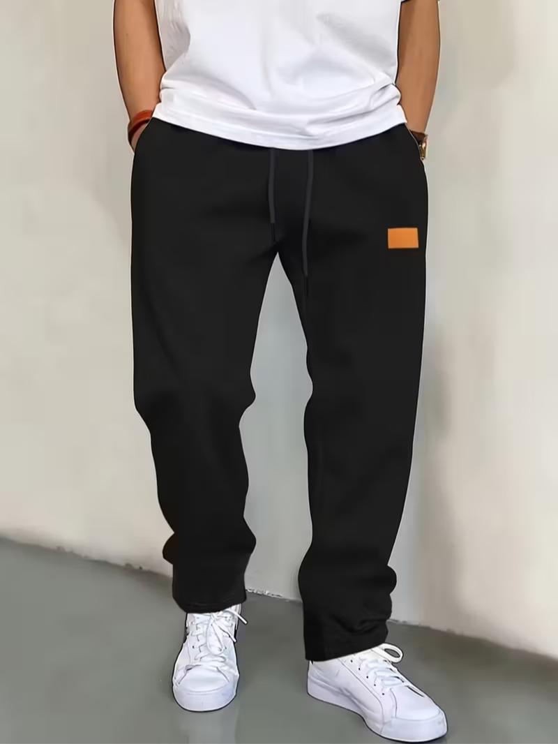 Men's Fall Winter Fleece Lined Casual Pants, Leather Tag Decoration, Lightweight Polyester Fiber, Trendy Versatile for Friend Gatherings, Casual Minimalist Trousers