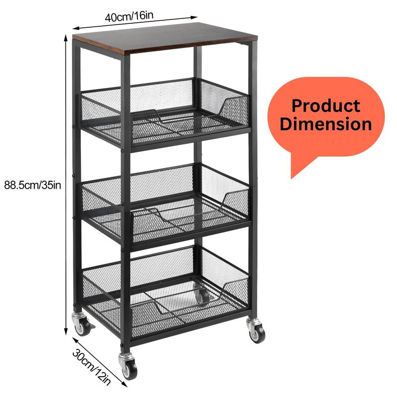 Rolling Fruit Vegetable Basket Stand for Kitchen 4-Tier Storage Cart on Wheels with Wood Top Metal Utility Organizer Trolley Cart for Pantry, Office, Bathroom