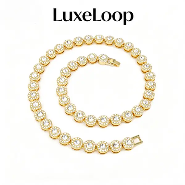 LuxeLoop Round Cluster Tennis Chain, Full Iced Out Round Cubic Zirconia Necklace & Bracelet, Gold & Silver Tone Sparkly Stackable Jewelry, Hip Hop Y2K Unisex Statement Accessory Gift for Men Women