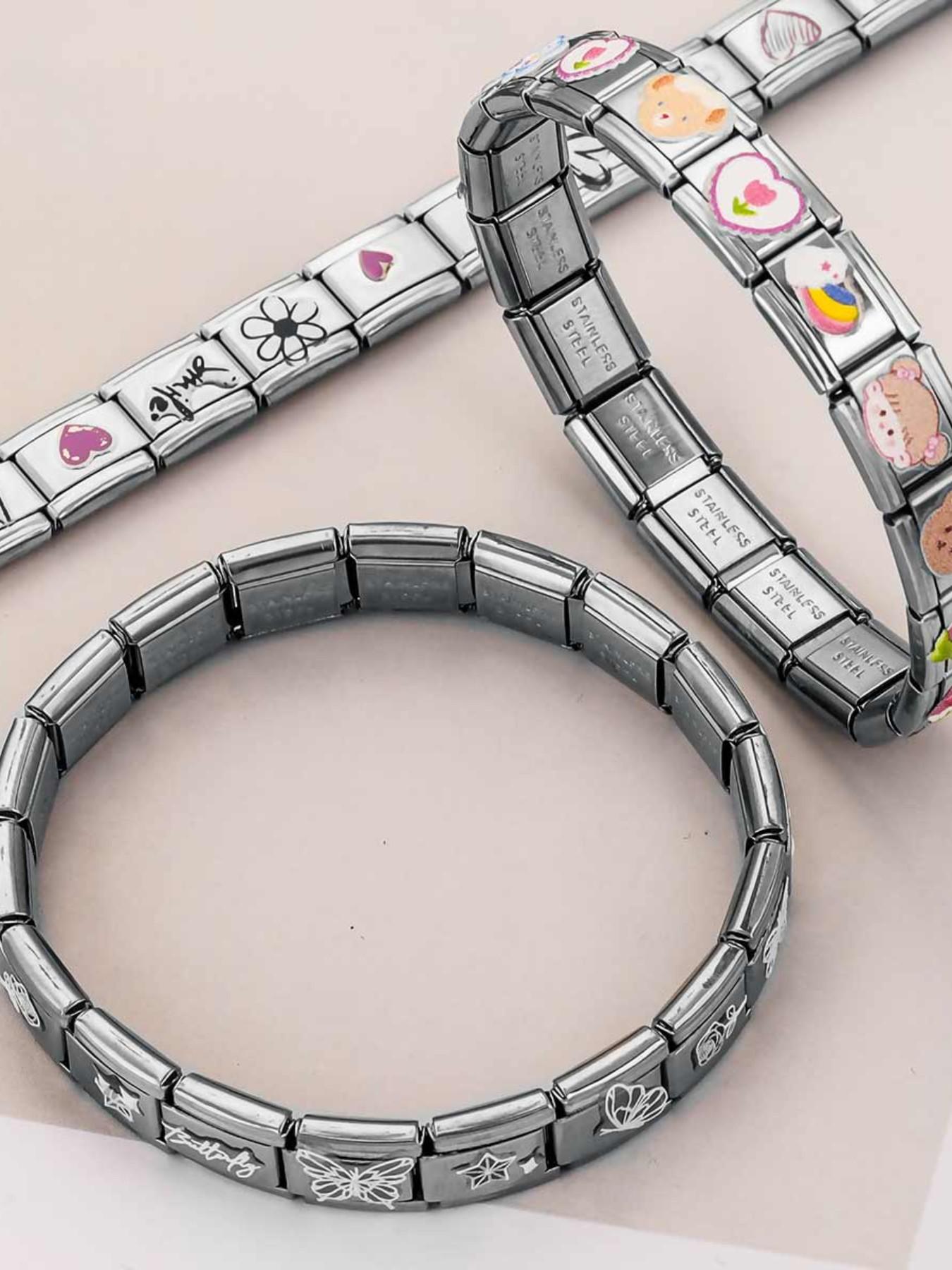 DIY 304 Stainless Steel Charm Bracelet, Modular Links with Cartoon/butterfly/heart Stickers, Customizable Women's Bracelet, Hypoallergenic & Fade-Resistant