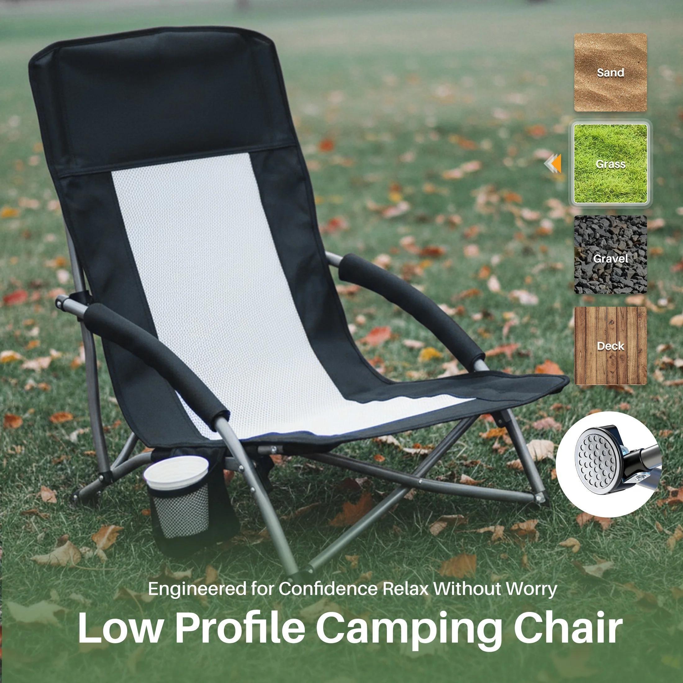 Heavy-Duty Portable Folding Camping Chair with Mesh Ventilated Backrest, Side Storage Pockets, Built-In Cup Holder and Integrated Backpack, Lightweight Foldable Outdoor Chair for Camping, Hiking, Picnics and Beach Trips
