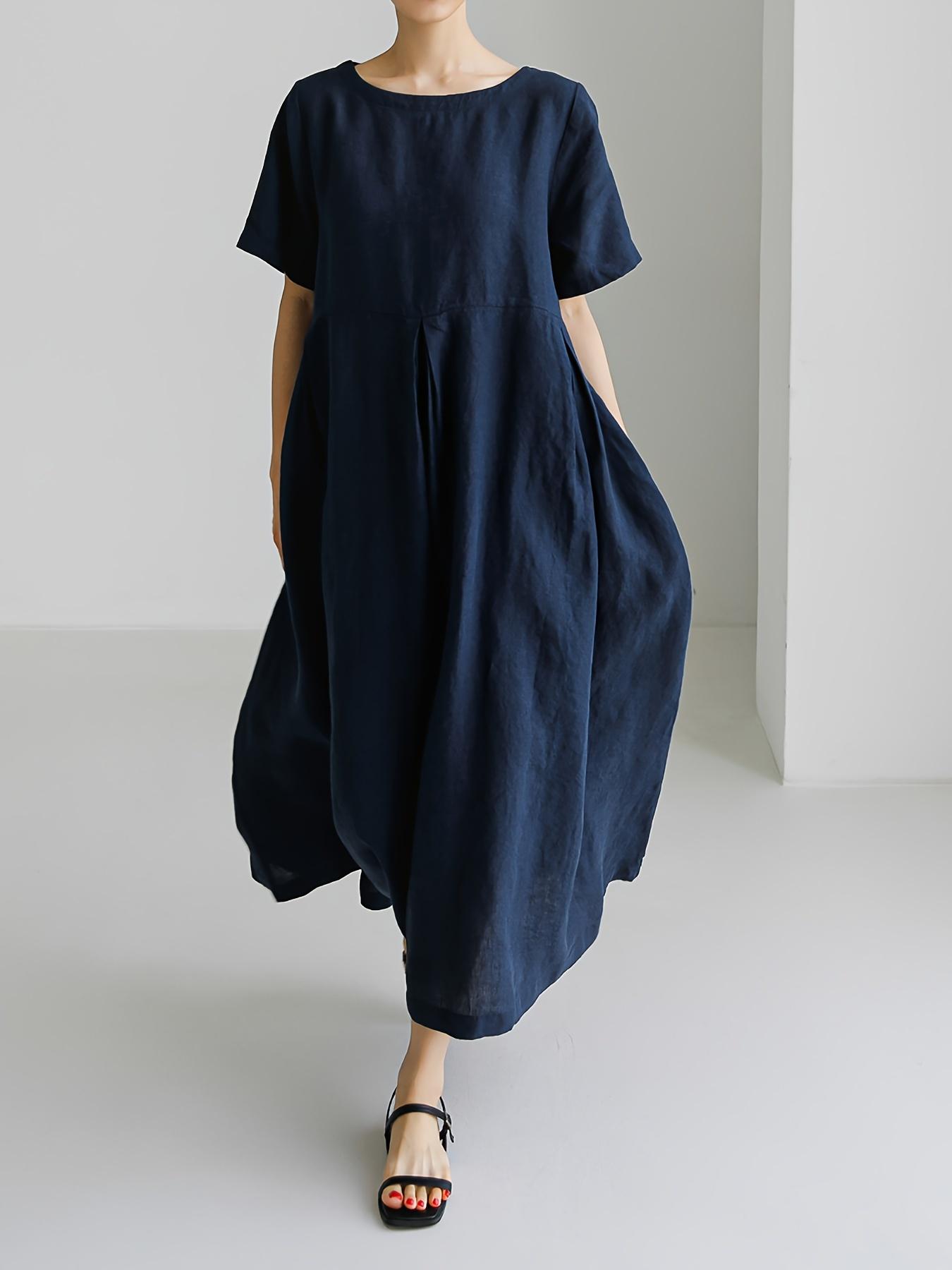 Plus Size Solid Color Loose Dress, Casual Pocket Short Sleeve Crew Neck Long Length Dress For Spring & Summer, Women's Plus Size Clothing