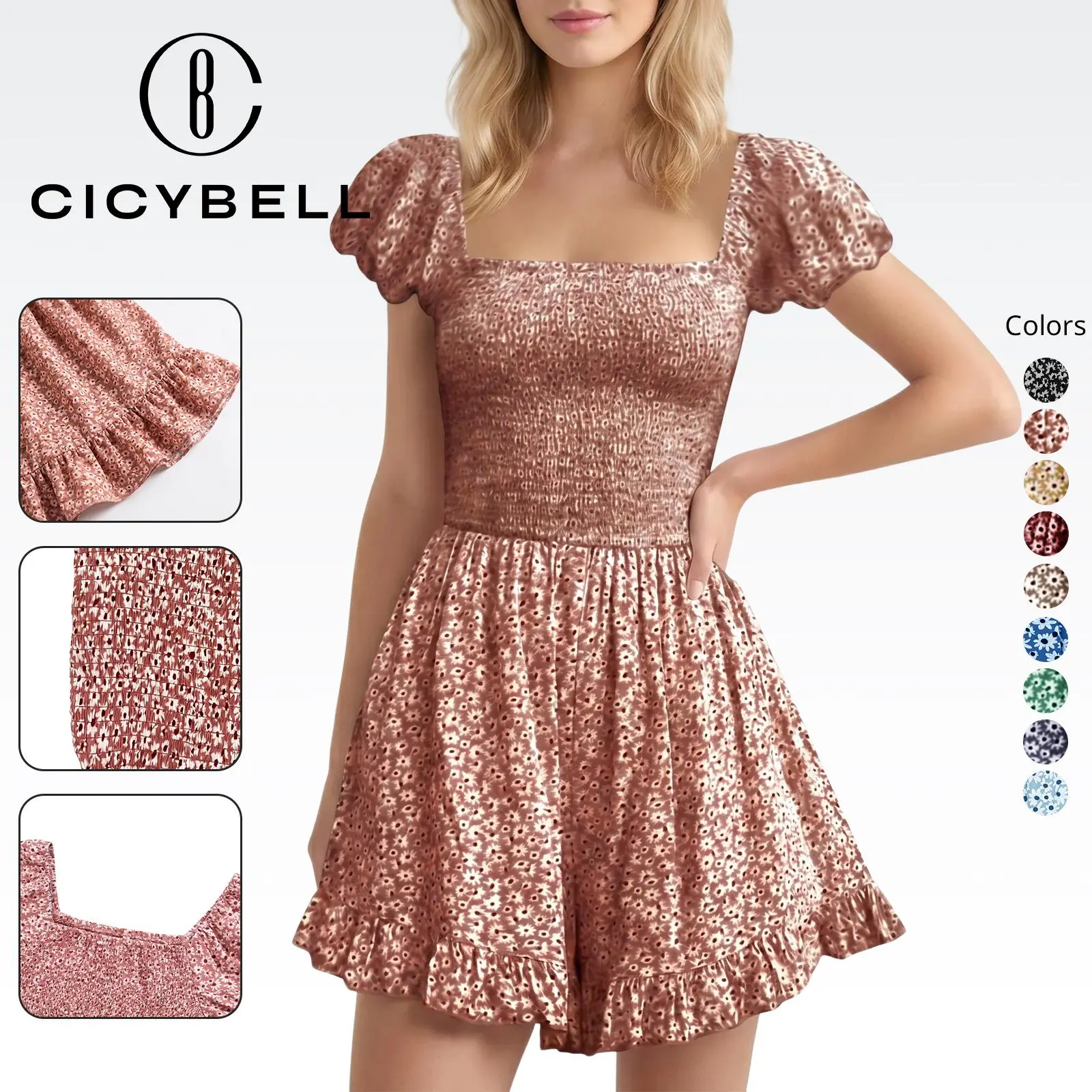 Cicy Bell Women Shirred Smocked Tube Top Short Wide Leg Pants Romper Jumpsuit