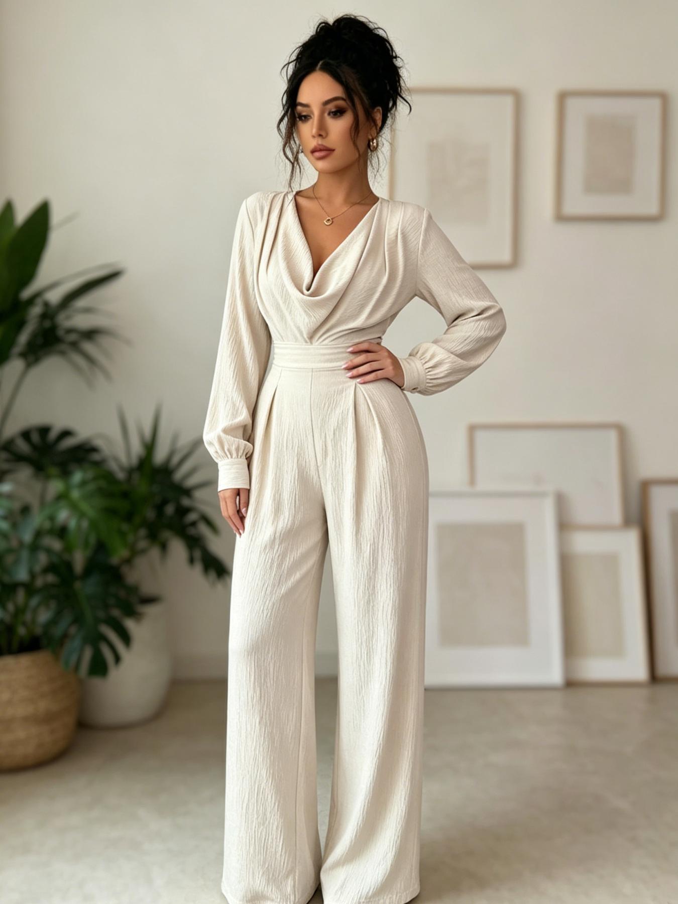 A women's beige swing collar long sleeved wide leg jumpsuit, Fashion plain jumpsuit, with a high waist and a cinched waist that looks taller and slimmer, suitable for commuting to work, shopping and outdoor activities