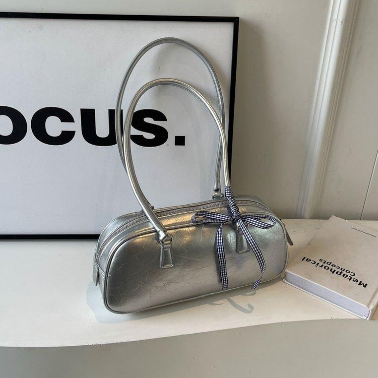 Vintage Waxed Leather Bowknot Baguette Bag, Luxury Commute Underarm Shoulder Bag, Versatile Texture Handbag, Korean Style Ins Fashion Bag for Women