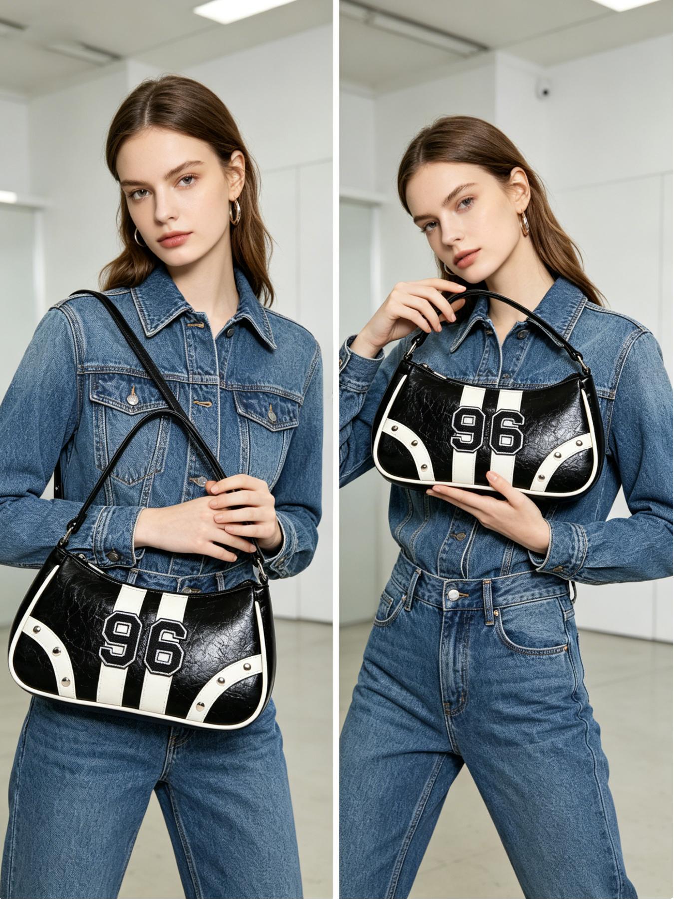 1pc Retro Sporty “96” Shoulder Bag for Women, Glossy Patent Leather Underarm Bag, Large Capacity Crossbody Bag with Adjustable Strap, Stylish Streetwear Handbag for Daily Use, Travel, Shopping, Work, Perfect Gift for Birthday, Mother’s Day